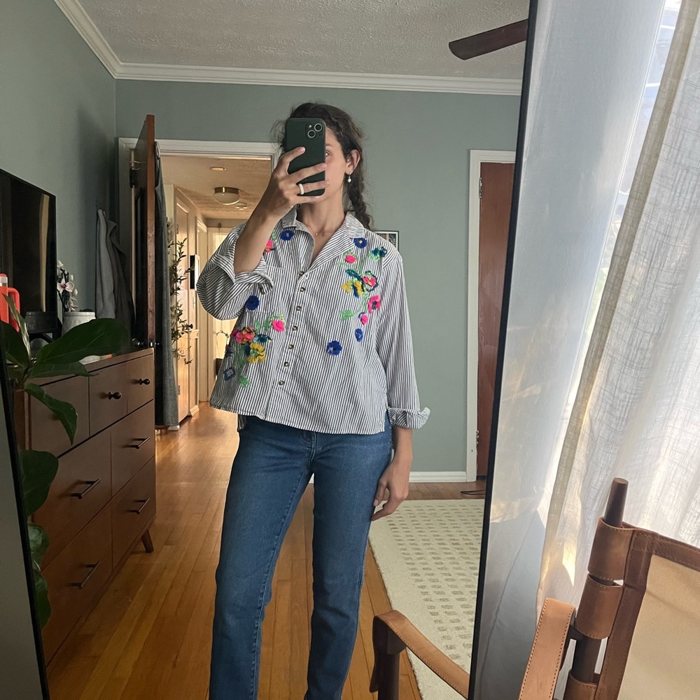 Anthropologie Maeve Multicolor Embroidered Stripe Buttondown